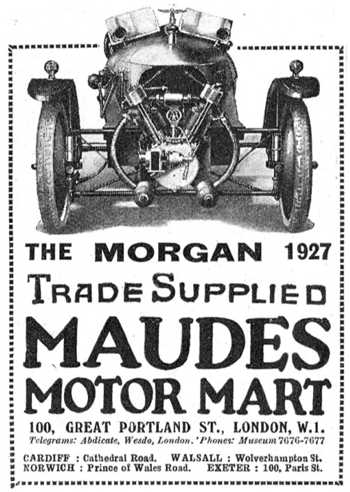 1927 Maude's Motor Mart Advert For Morgan 3-Wheeler Cars. 